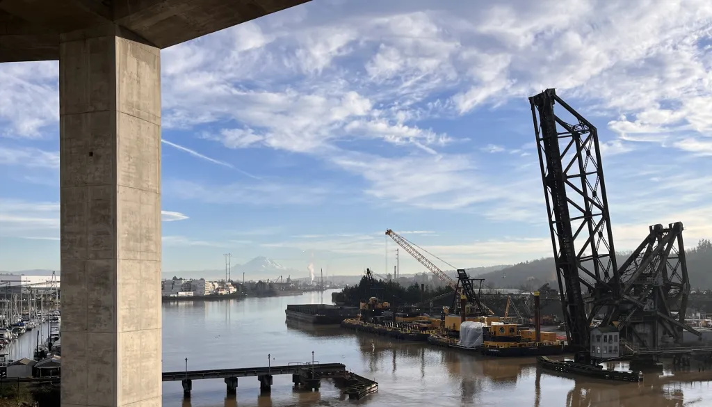 Mt Rainier and Industry from the Spokane St Swing Bridge
